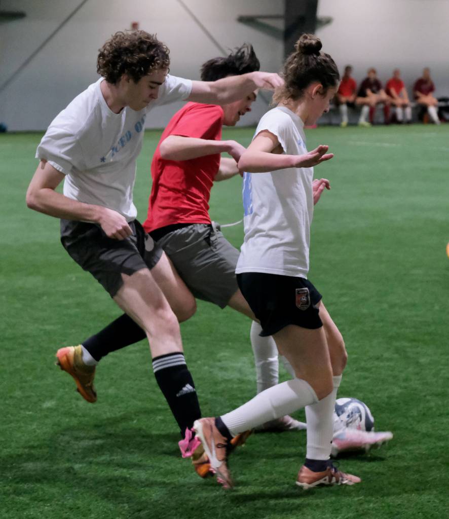 Senior/College Division action at the 32nd Annual Holiday Cup Soccer Tournament on Tuesday, Dec. 31, at the Dimond Park Field House. (Klas Stolpe / Juneau Empire)