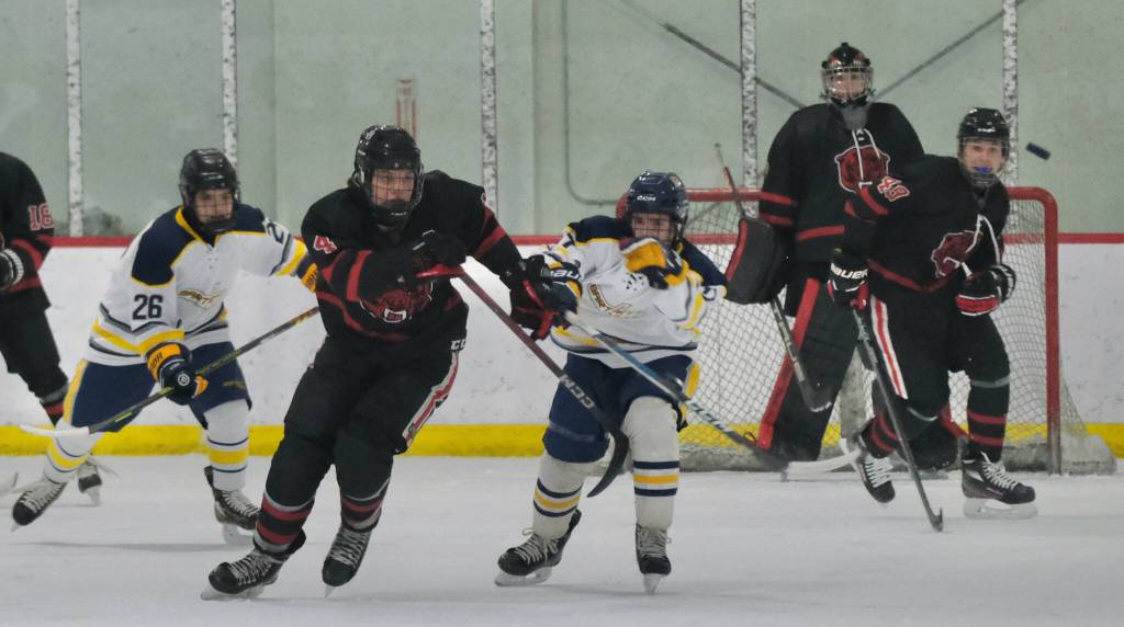 Juneau-Douglas High School: Yadaa.at Kalé senior captain Luke Bovitz (4) works for a puck against Bartlett High School during the Crimson Bears 7-5 win over the Golden Bears on Friday at the Treadwell Ice Arena. The teams play again Saturday at 3 p.m. (Klas Stolpe / Juneau Empire)