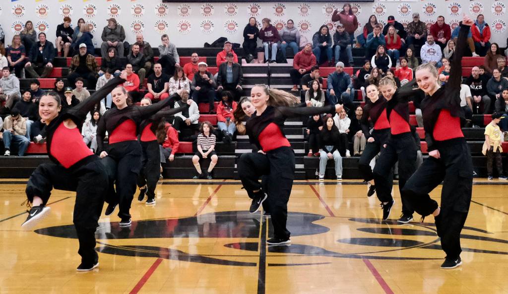 The Juneau-Douglas High School: Yadaa.at Kalé Dance Team perform their Hip Hop routine during Saturdays Crimson Bears basketball game against Ketchikan. (Klas Stolpe / Juneau Empire)