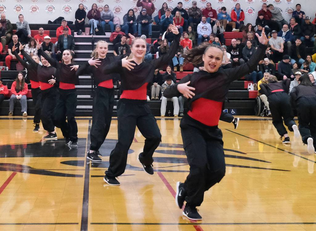 The Juneau-Douglas High School: Yadaa.at Kalé Dance Team perform their Hip Hop routine during Saturdays Crimson Bears basketball game against Ketchikan. (Klas Stolpe / Juneau Empire)