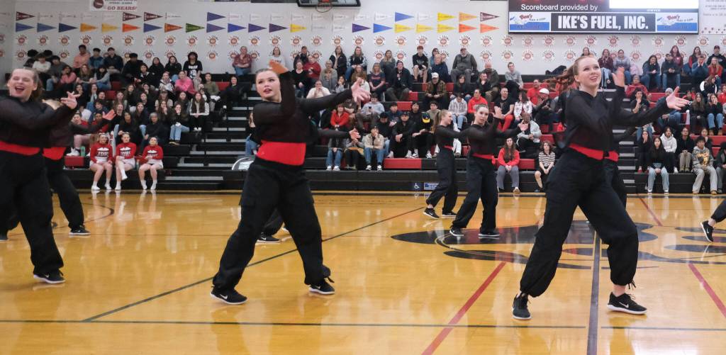 The Juneau-Douglas High School: Yadaa.at Kalé Dance Team perform their Hip Hop routine during Saturdays Crimson Bears basketball game against Ketchikan. (Klas Stolpe / Juneau Empire)
