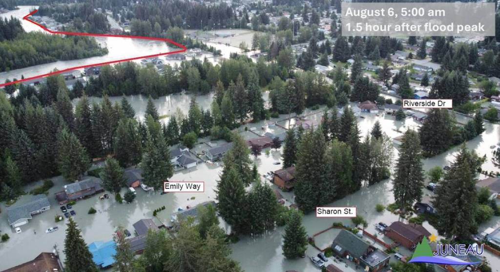 A red line shows where the temporary flood barriers would line the Mendenhall River. Emily Way and Sharon Street were unaffected in the 2023 flood. (Screenshot from City and Borough Local Improvement District presentation)