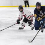 Juneau-Douglas High School: Yadaa.at Kalé senior Emilio Holbrook (37) defends Bartlett senior Dylan Beals (19) during the Crimson Bears 10-6 win over the Golden Bears on Saturday at Treadwell Ice Arena. (Klas Stolpe / Juneau Empire)