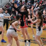 Juneau-Douglas High School: Yadaa.at Kalé sophomore Layla Tokuoka scores against Soldotna during the Crimson Bears 63-26 win over the Stars on Saturday at the George Houston Gymnasium. (Klas Stolpe / Juneau Empire)