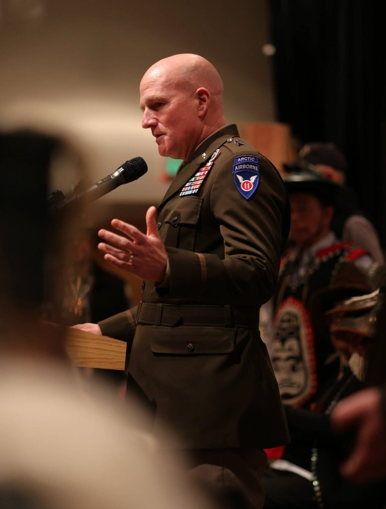 Maj. Gen. Joseph Hilbert, commander of the U.S. Army 11th Airborne Division based at Joint Base Elmendorf-Richardson in Anchorage, apologized in Wrangell last Saturday for the Armys 1869 bombardment of the Native village of Ḵaachx̱aana.áakʼw. (Sam Pausman / Wrangell Sentinel)