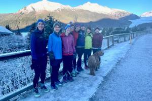 Women from Juneau Women Running group pose on a Jan. 1 run to mark the start of January Streak month. (Klas Stolpe / Juneau Empire)