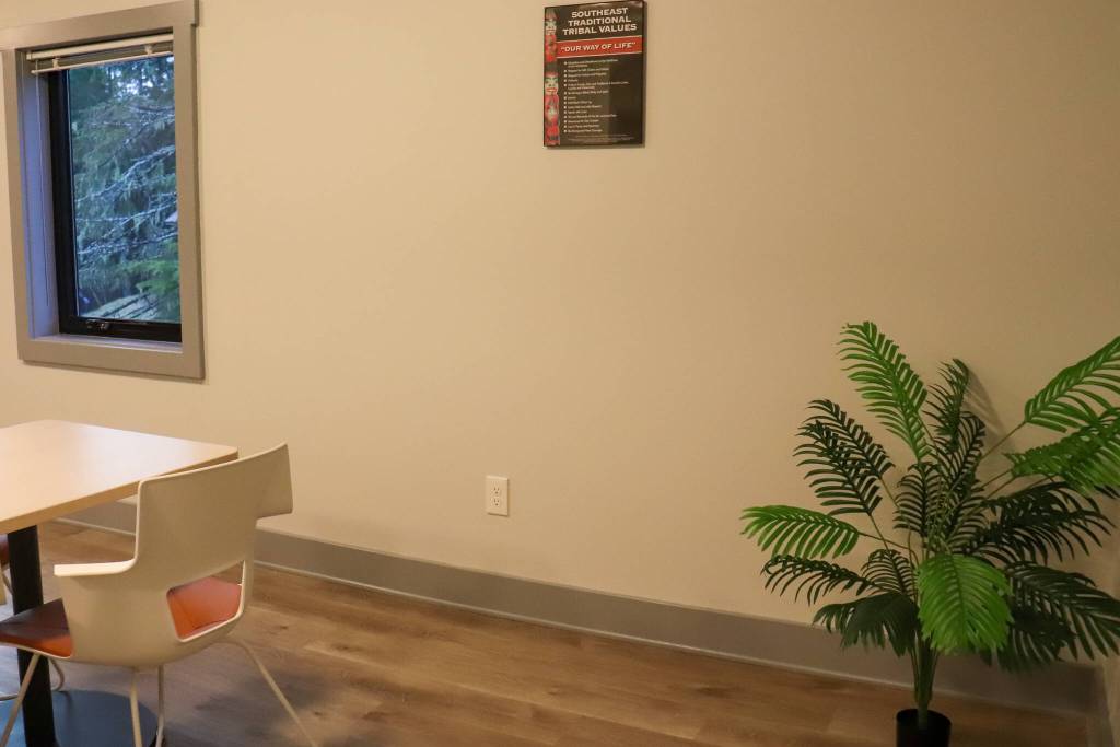 Southeast Traditional Tribal Values hang up in Haven Houses meeting room. (Jasz Garrett / Juneau Empire)