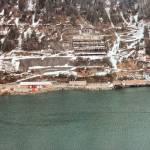 Snow illuminates several Alaska-Juneau Gold Mine mill site roadways in this 1980s photo. The steam plant is visible in the right foreground. (Laurie Craig / Juneau Empire)