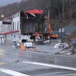 Demolition of the Alaska-Juneau Gold Mine steam power plant is well underway on Dec. 23, 2024. (Laurie Craig / Juneau Empire)