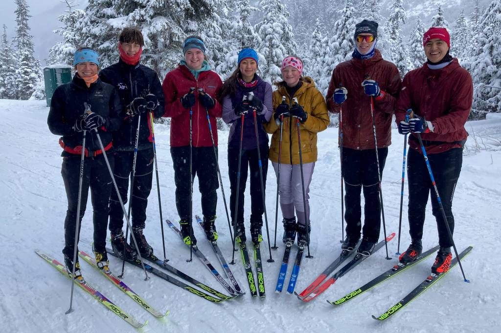 Juneau-Douglas High School: Yadaa.at Kalé Nordic Ski team head coach Abby McAllister, co-captains Ferguson Wheeler, Bailey Roguska, Lua Mangaccat, Zoë Lessard and Corder Janes and assistant coach Ricky Worl pose for a photo during practice Saturday at Eaglecrest. (Klas Stolpe / Juneau Empire)