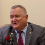 Sen. Mike Shower (R-Wasilla) answers questions during a press conference for the Senate minority caucus on Tuesday, Jan. 21, 2025, at the Alaska State Capitol. (Jasz Garrett / Juneau Empire)