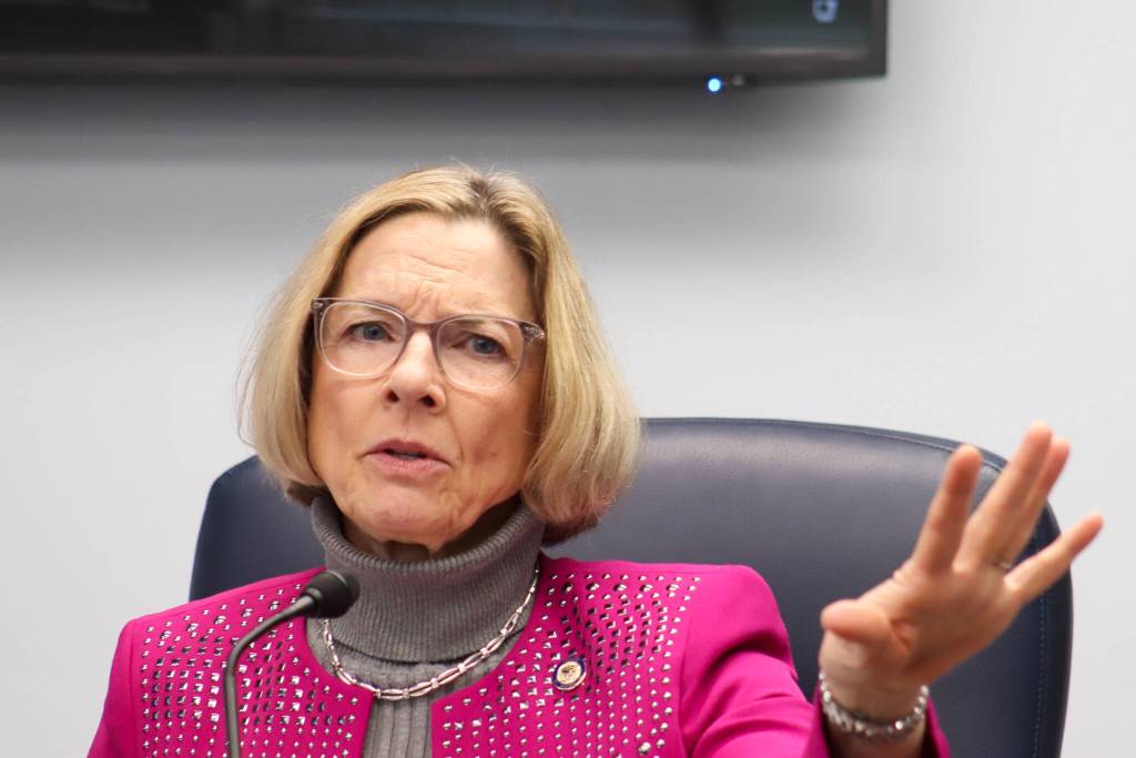Sen. Cathy Giessel (R-Anchorage) speaks during a Senate majority caucus press conference at the Alaska State Capitol on Tuesday, Jan. 21, 2025. (Jasz Garrett / Juneau Empire)