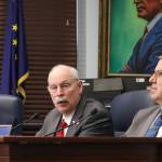 Senators Bill Wielechowski (D-Anchorage), Bert Stedman (R-Sitka) and Lyman Hoffman (D-Bethel) discuss key priorities for the Senate majority caucus on Tuesday morning at the Alaska State Capitol. (Jasz Garrett / Juneau Empire)