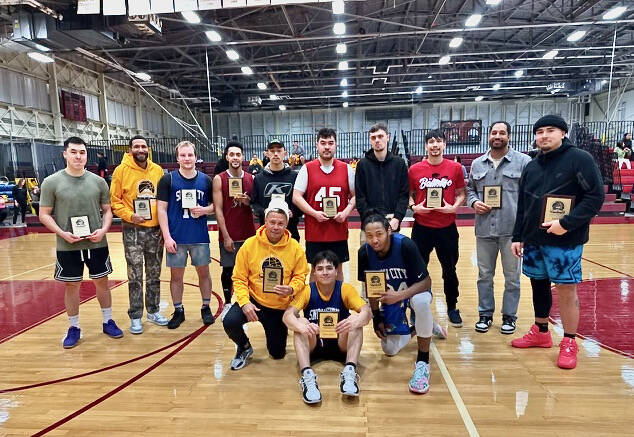 Members of the Mens Open all-tournament team at last weeks Mt. Edgecumbe Invitational Basketball Tournament at the MEHS B.J. McGillis Gymnasium. (Photo courtesy MEHS)