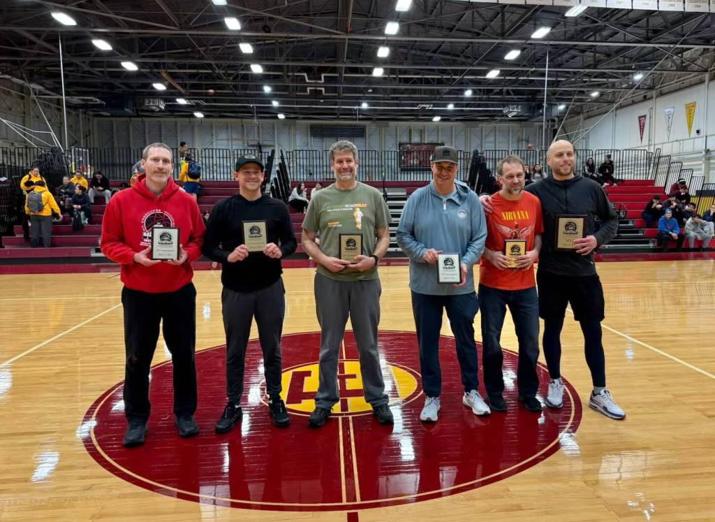 Members of the Mens 47 all-tournament team at last weeks Mt. Edgecumbe Invitational Basketball Tournament at the MEHS B.J. McGillis Gymnasium. (Photo courtesy MEHS)