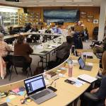 Juneau city leaders, members of the local legislative delegation and other officials gather for a meeting Thursday in the Assembly Chambers to discuss upcoming state and federal government issues as they relate to Juneau. (Mark Sabbatini / Juneau Empire)