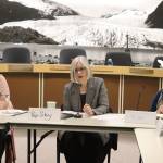 State Rep. Andi Story (center), a Juneau Democrat, discusses the legislative session that started this week during a joint meeting between the local legislative delegation and Juneau Assembly on Thursday in the Assembly Chambers, as Mayor Beth Weldon (left) and Assembly Member Maureen Hall listen. (Mark Sabbatini / Juneau Empire)