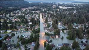 Juneaus flooded Mendenhall Valley is seen on Aug. 6, 2024. The waters pouring from an outburst flood at Mendenhall Glacier reached record levels, surpassing the record set by a similar glacial outburst flood the previous year. Hundreds of homes were damaged, and some were destroyed. (Photo provided by the City and Borough of Juneau)