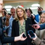 Sen. Lisa Murkowski (R-Alaska) is surrounded by reporters as she arrives on the Senate Subway to vote on Capitol Hill in Washington, on Tuesday, Jan. 28, 2025. (Eric Lee/The New York Times)