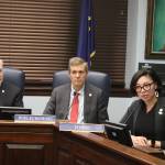 State Sen. Löki Tobin (right), D-Anchorage, discusses possible impacts of a freeze on federal grants and loans during a press conference with other members of the Senate majority including Senate President Gary Stevens, R-Kodiak, and Sen. Bill Wielechowski, D-Anchorage, at the Alaska State Capitol on Tuesday. (Mark Sabbatini / Juneau Empire)