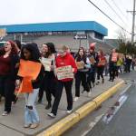 Juneau-Douglas High School: Yadaa.at Kalé students, along with a handful of state legislators and staff members, march from the school to the Alaska State Capitol on Thursday, April 4, 2024, in a protest seeking more state funding from lawmakers. (Mark Sabbatini / Juneau Empire file photo)