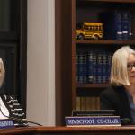 Rep. Rebecca Himschoot (I-Sitka) and Rep. Andi Story (D-Juneau) listen to public testimony on an education funding bill in the Alaska State Capitol on Jan. 29, 2025. (Jasz Garrett / Juneau Empire)