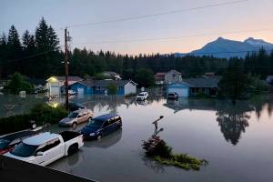 A Mendenhall Valley neighborhood is swamped by a record glacial outburst flood on on Aug. 6, 2024. (Alaska Department of Transportation and Public Facilities photo)