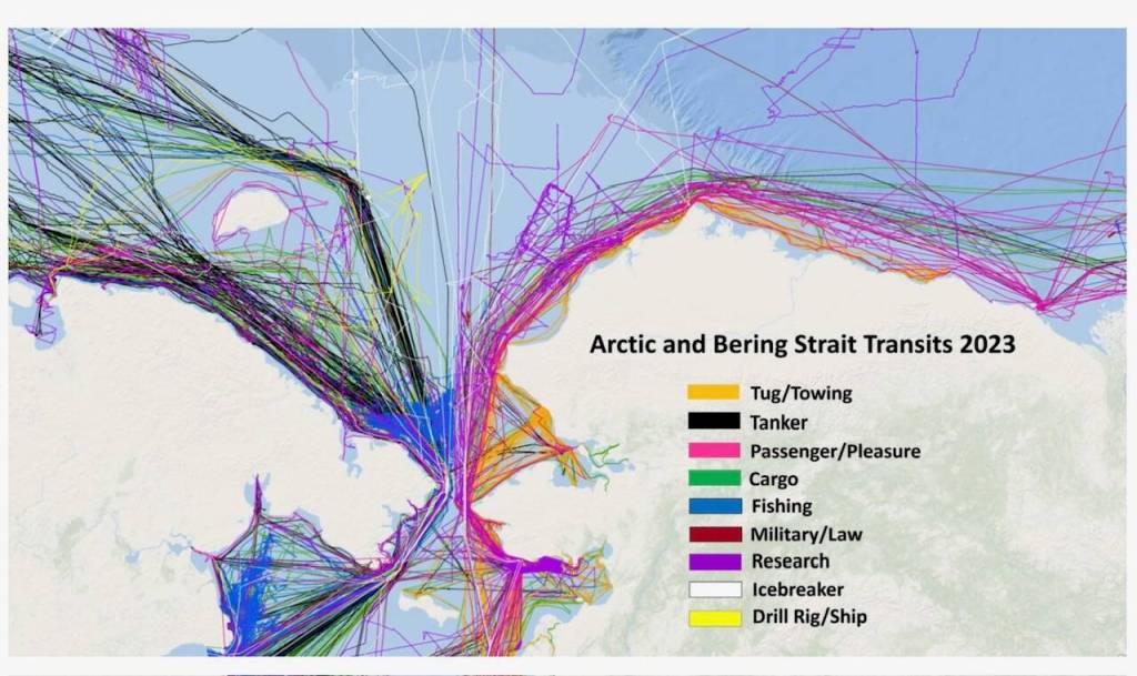 A computer image of 2023 ship transits through the Bering Strait, a narrow 50-mile passage between Russia and Alaska, as part of Arctic Watchs website.