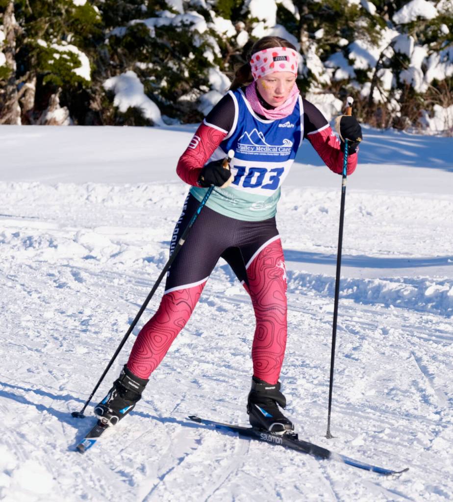 Juneau-Douglas High School: Yadaa.at Kalé Nordic Ski Team junior Zoë Lessard (103) races during the Shaky Shakeout Invitational six-kilometer freestyle mass start Saturday at Eaglecrest Ski Area. (Klas Stolpe / Juneau Empire)