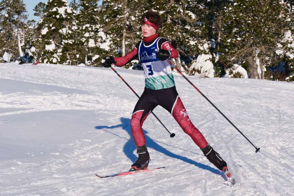 Juneau-Douglas High School: Yadaa.at Kalé Nordic Ski Team freshman Emmett Hightower (3) races during the Shaky Shakeout Invitational six-kilometer freestyle mass start Saturday at Eaglecrest Ski Area. (Klas Stolpe / Juneau Empire)