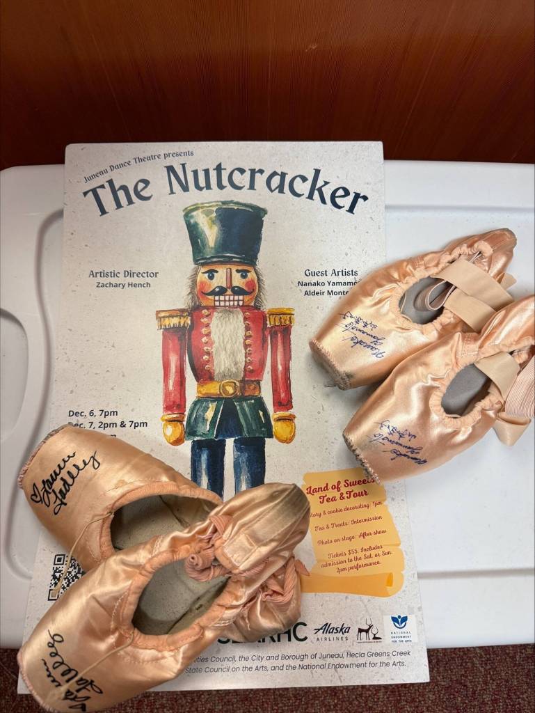 Signed ballet pointe shoes are up for auction at Juneau Dance Theatres 50th-anniversary gala. (Photo courtesy of Bridget Lujan)