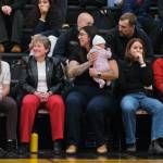 Wasilla coach Jeannie Hebert-Truax (second from left) visits with Juneau-Douglas High School: Yadaa.at Kalé coach Tanya Nizich and Crimson Bears assistants Nicole Fenumiai, Angie Kemp and Jasmine James before Fridays game in the George Houston Gymnasium. (Klas Stolpe / Juneau Empire)