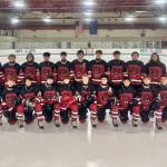 The Juneau-Douglas High School: Yadaa.at Kalé Crimson Bears hockey team are shown at the 2025 ASAA Division II Hockey State Championships in Soldotna. (Photo courtesy JDHS hockey)