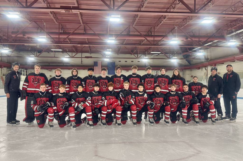 The Juneau-Douglas High School: Yadaa.at Kalé Crimson Bears hockey team are shown at the 2025 ASAA Division II Hockey State Championships in Soldotna. (Photo courtesy JDHS hockey)