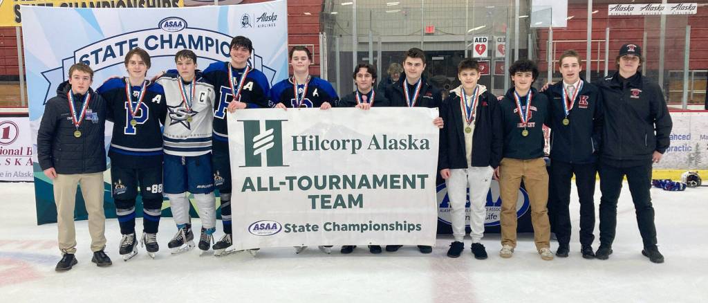 The all-tournament team at the First National Cup Division II state hockey tournament Saturday at the Soldotna Regional Sports Complex in Soldotna. From left to right are Soldotnas Noah Crabtree, Palmers Kinan Greco, Soldotnas Daniel Heath, Palmers Elijah Von Gunten, Palmers Bryce Horacek, Kenais Logan Mese, Houstons Daniel Matveev, Houstons Zasim Konev, Juneau-Douglas Dylan Sowa, Kenais Evyn Witt and Juneau-Douglas Lucas Bovitz. (Jeff Helminiak/Peninsula Clarion)