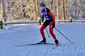 Juneau-Douglas High School: Yadaa.at Kalé senior Nordic Ski Team member Ida Meyer competes at the Region VI Championships Friday in Fairbanks. Meyer placed seventh overall in the girls 7.5km Mass Start. The JDHS girls team placed second in the two-day regions, the boys third. JDHS senior Finn Lamb led the Crimson Bears boys with a sixth place finish in the 7.5km. (Photo courtesy JDHS Nordic Ski)