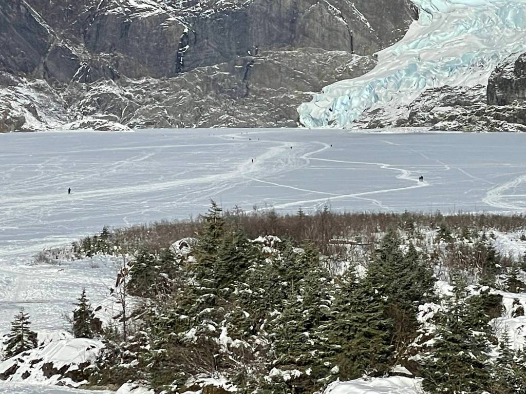 A view of Mendenhall Glacier and Mendenhall Lake at midday Tuesday, Feb. 11, 2025. (Laurie Craig / Juneau Empire)