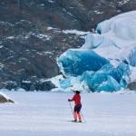 A skier crosses Mendenhall Lake in front of a large section of recently exposed ice on Mendenhall Glacier on Thursday, Feb. 13, 2025. (Klas Stolpe / Juneau Empire)