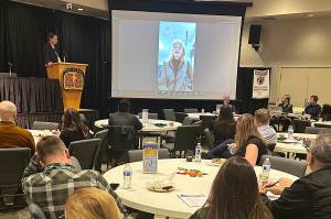 U.S. Sen. Lisa Murkowski, R-Alaska, addresses the Southeast Conferences Mid-Season Summit at Elizabeth Peratrovich Hall on Tuesday. (Mark Sabbatini / Juneau Empire)