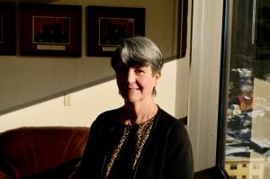 Alaska Supreme Court chief justice Susan Carney poses for a photo in a seventh-floor office of the state courthouse in Juneau on Feb 11, 2025. (Corinne Smith/Alaska Beacon)