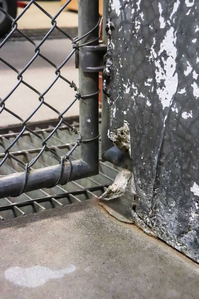 Aging concrete is difficult to clean and is chipping away in the dog kennels at Juneau Animal Rescue. (Jasz Garrett / Juneau Empire)