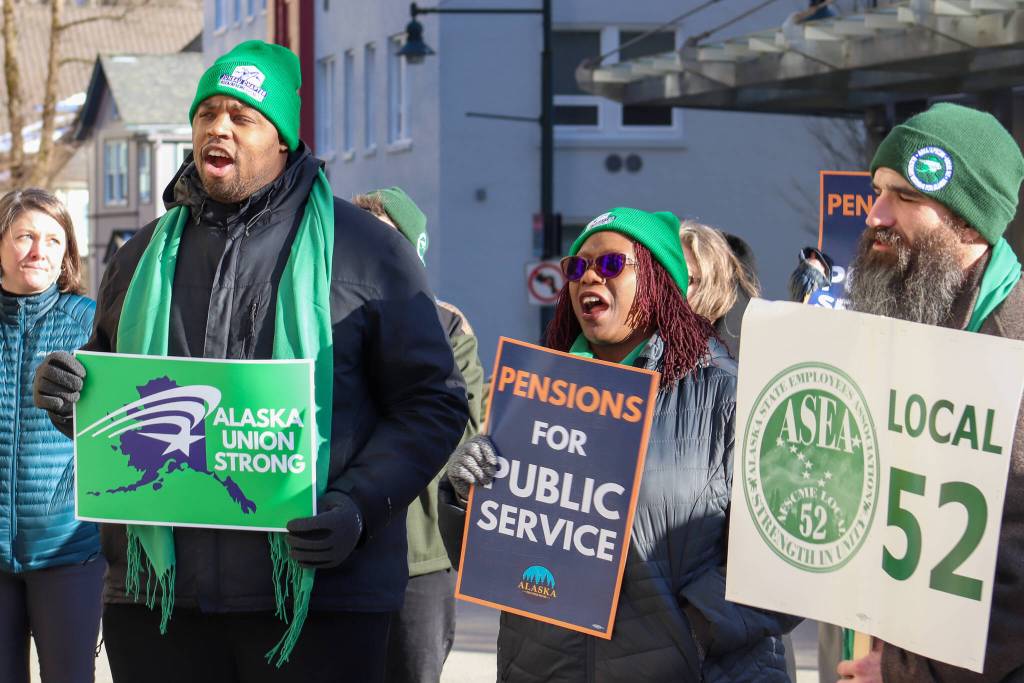 Members of the Alaska State Employees Association and AFSCME Local 52 holds a protest at the Alaska State Capitol on Friday, Feb. 14, 2025. (Jasz Garrett / Juneau Empire)
