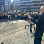 State Rep. Andi Story, D-Juneau, addresses the crowd during a No Kings on Presidents Day protest Monday at the Alaska State Capitol. (Mark Sabbatini / Juneau Empire)