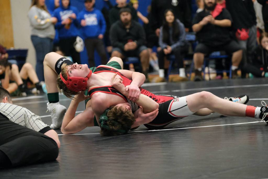 Klawocks Quintin Bagby works a pin on Haines Evan Knight in a 123-pound match during the Southeast Middle School Regional Wrestling Tournament on Saturday at Thunder Mountain Middle School. (Klas Stolpe / Juneau Empire)
