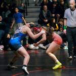 Schoenbar Knights Ella Kolean and Thunder Mountain Middle School seventh grader Haylee Ondreyka square off in the girls 146-pound championship during the Southeast Middle School Regional Wrestling Tournament on Saturday at TMMS. (Klas Stolpe / Juneau Empire)