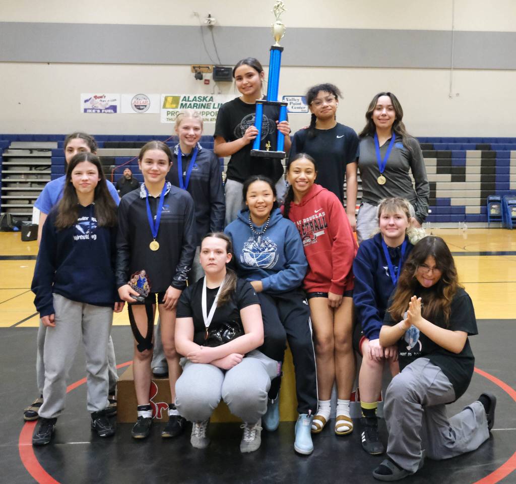 The Thunder Mountain Middle School Falcons won the girls team championship at the Southeast Middle School Regional Wrestling Tournament on Saturday at TMMS. (Klas Stolpe / Juneau Empire)