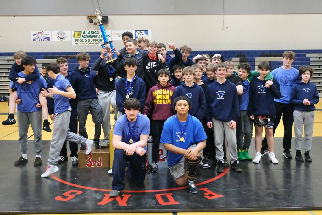 The Thunder Mountain Middle School Falcons won the boys team championship at the Southeast Middle School Regional Wrestling Tournament on Saturday at TMMS. (Klas Stolpe / Juneau Empire)