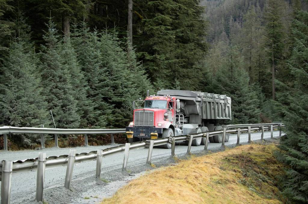 A truck rumbles down a road at the Greens Creek mine. (Hecla Greens Creek Mine)