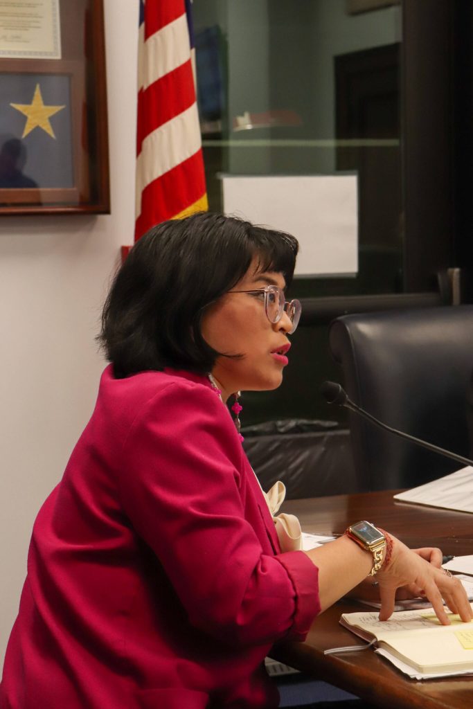 Rep. Genevieve Mina (D-Anchorage) asks a question to immigration leaders on Feb. 19, 2025. (Jasz Garrett / Juneau Empire)