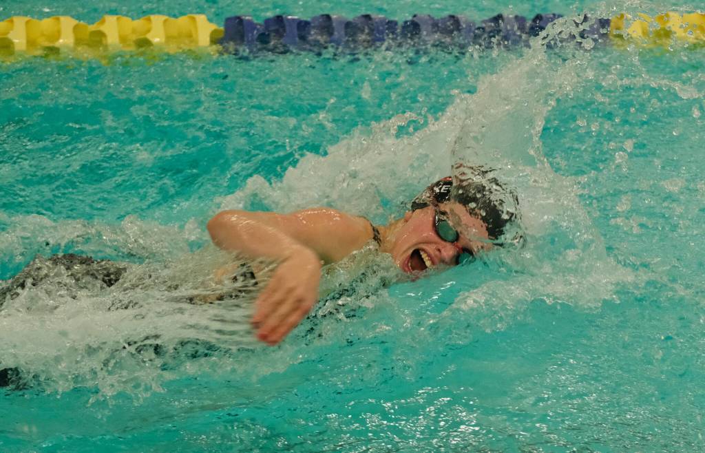 Juneau-Douglas High School: Yadaa.at Kalé senior Pacific Ricke swims in the girls 200 freestyle relay final during the 2024 ASAA Swim & Dive State Championships at Anchorages Bartlett High School pool. (Klas Stolpe / Juneau Empire)